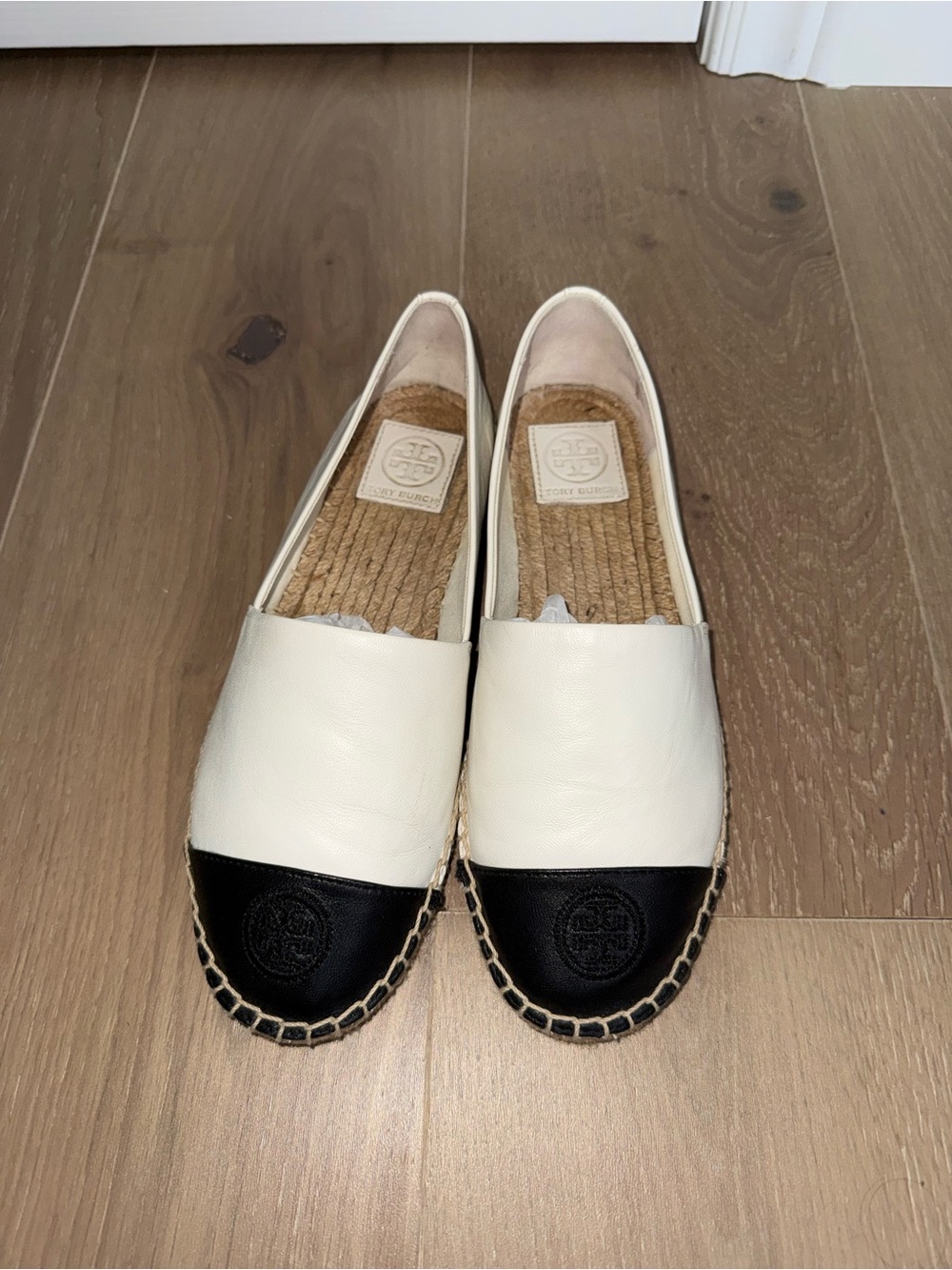 Tory Burch Two-Tone White and Black Leather Espadrilles